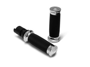 High-quality black motorcycle handlebar grips with chrome accents, designed for Revelry Motorcycles.