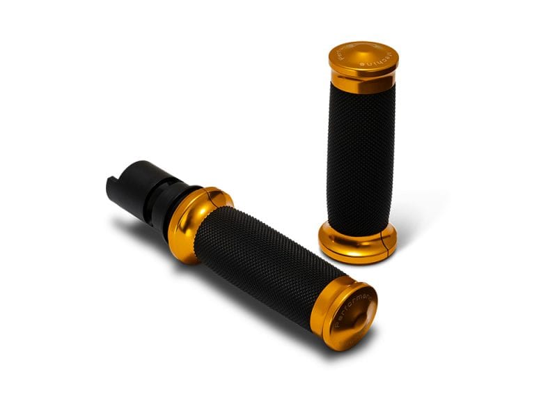 Contour Handgrips - Gold. Fits CVO Touring 2023up Aluminium motorcycle handlebar grips with black rubber grip and gold accents for Revelry Motorcycles.