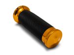 High-quality black motorcycle handlebar grip with gold accents for Revelry Motorcycles.