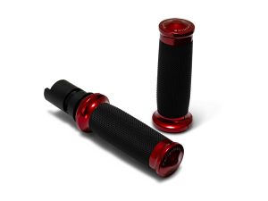 High-quality motorcycle handlebar grips with red accents from Revelry Motorcycles.