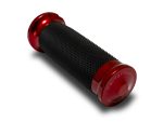 High-performance motorcycle grip with red metal ends, durable rubber surface for enhanced control.