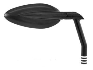 Black motorcycle mirror with aerodynamic design for Revelry Motorcycles.