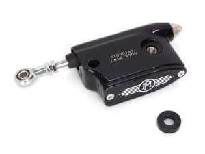 Black motorcycle steering damper with mounting hardware for Revelry Motorcycles.