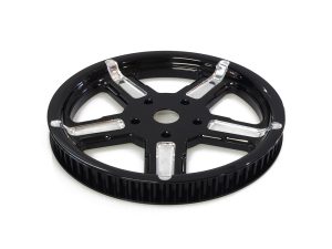 Black motorcycle ride pulley wheel for custom bikes and touring motorcycles.
