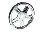 Shiny chrome motorcycle wheel rim for Harley Davidson bikes, high-quality custom motorcycle parts.