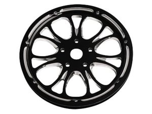 High-performance motorcycle wheel with black and silver finish for Revelry Motorcycles.