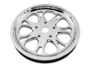 Shiny chrome motorcycle wheel rim with intricate design for Revelry Motorcycles.