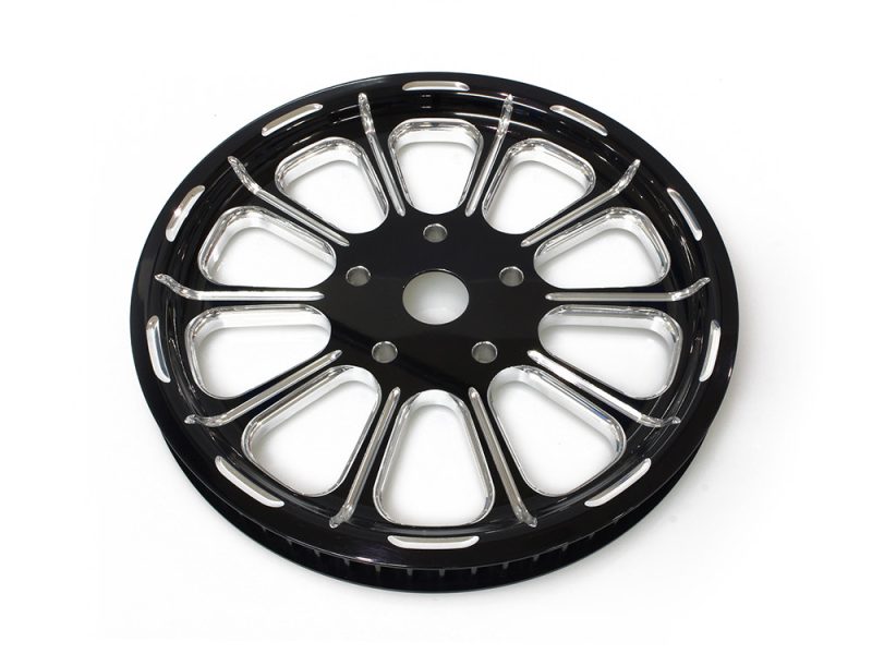 Aluminium motorcycle wheel with black rim and chrome spokes for Revelry Motorcycles.