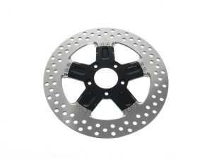 High-performance motorcycle brake disc with black centre hub for Revelry Motorcycles.