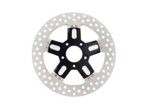 Lightweight motorcycle brake disc with black hub and perforated stainless steel rotor.