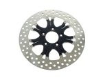 High-performance motorcycle disc brake rotor with black anodised centre, for enhanced braking power.