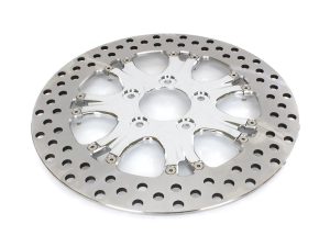 Polished motorcycle brake disc with drilled ventilation holes for improved cooling and performance.