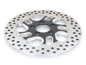 High-performance motorcycle brake disc with ventilated design for Revelry motorcycles.