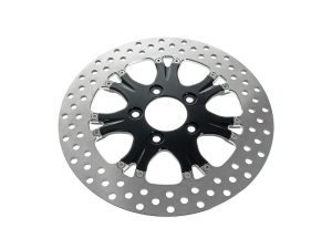 High-performance motorcycle brake disc with black hub and silver perforated rotor for Revelry Motorcycles.