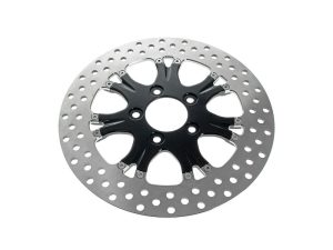 High-performance motorcycle brake disc with black aluminium centre, durable and lightweight.