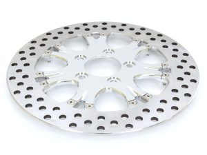 Polished motorcycle brake disc for Revelry Motorcycles.