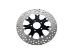 High-performance motorcycle brake disc with black and silver design for Revelry Motorcycles.