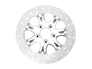 Aluminium motorcycle brake disc with drilled holes for cooling and performance.