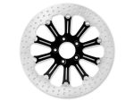 High-performance motorcycle brake disc with black and silver design for Revelry Motorcycles.