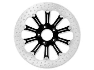 High-performance motorcycle brake disc with black and silver design for Revelry Motorcycles.