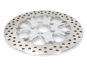 Aluminium motorcycle brake disc with drilled design for enhanced performance.