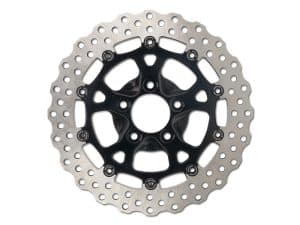 High-performance mountain bike brake rotor with aluminium centre and steel braking surface.