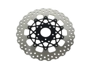High-performance motorcycle brake disc with black centre hub, ideal for Revelry Motorcycles.