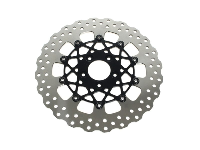 12.6in. Front Speedstar Disc Rotor - Black Anodized. Fits Touring 2024up with Custom Wheel and Hub Mounted 320mm Rotors. High-performance motorcycle brake disc with black centre hub, ideal for Revelry Motorcycles.