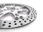 Aluminium motorcycle brake disc with drilled holes for enhanced performance and cooling.