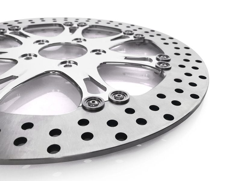 Aluminium motorcycle brake disc with drilled holes for enhanced performance and cooling.