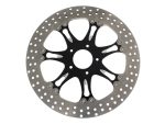High-performance motorcycle brake disc with black centre and drilled pattern for Revelry Motorcycles.