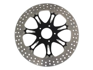 High-performance motorcycle brake disc with black centre and drilled pattern for Revelry Motorcycles.