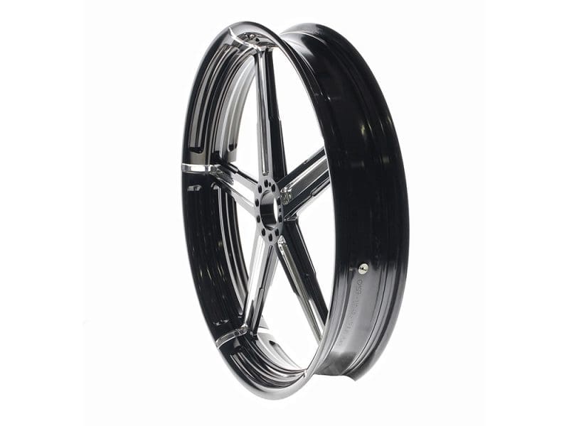 Polished motorcycle wheel with star-shaped spokes for Revelry Motorcycles in Australia.