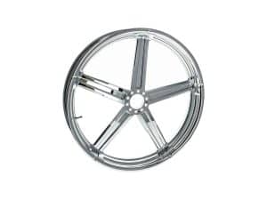 Shiny chrome motorcycle wheel rim for custom motorcycles and bike enthusiasts.
