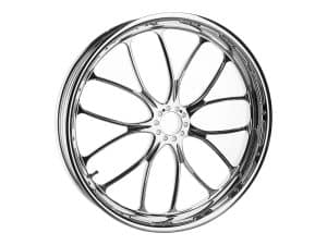 Polished chrome motorcycle wheel rim, high-quality custom Revelry Motorcycles part.