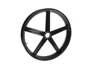 Black motorcycle wheel rim for Revelry Motorcycles, high-performance bike accessory.