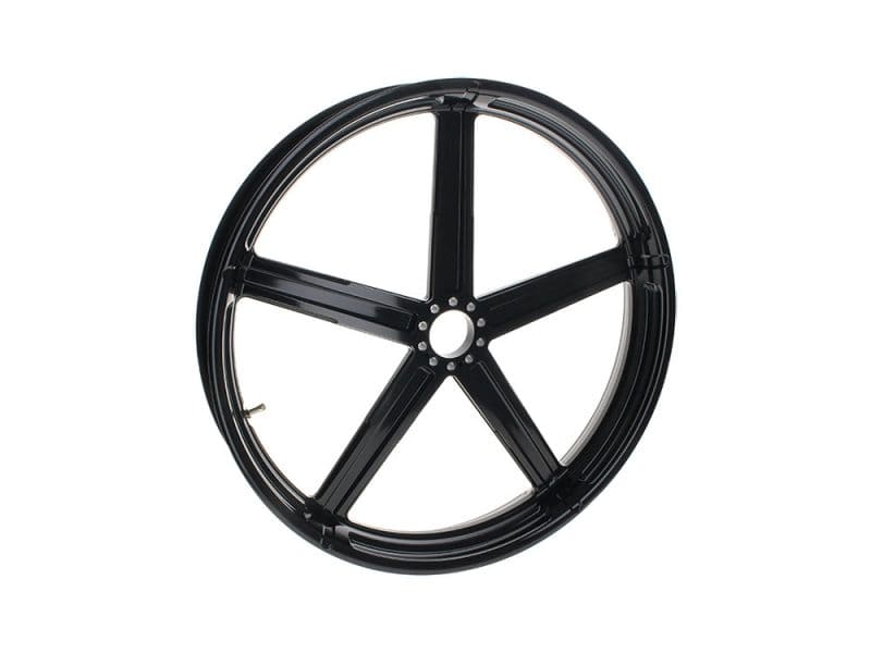 Black motorcycle wheel rim for Revelry Motorcycles, high-performance bike accessory.
