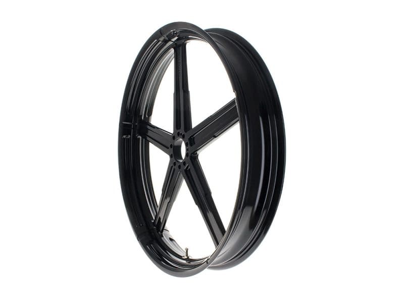 High-performance motorcycle wheel for Revelry Motorcycles, durable and stylish black alloy rim.
