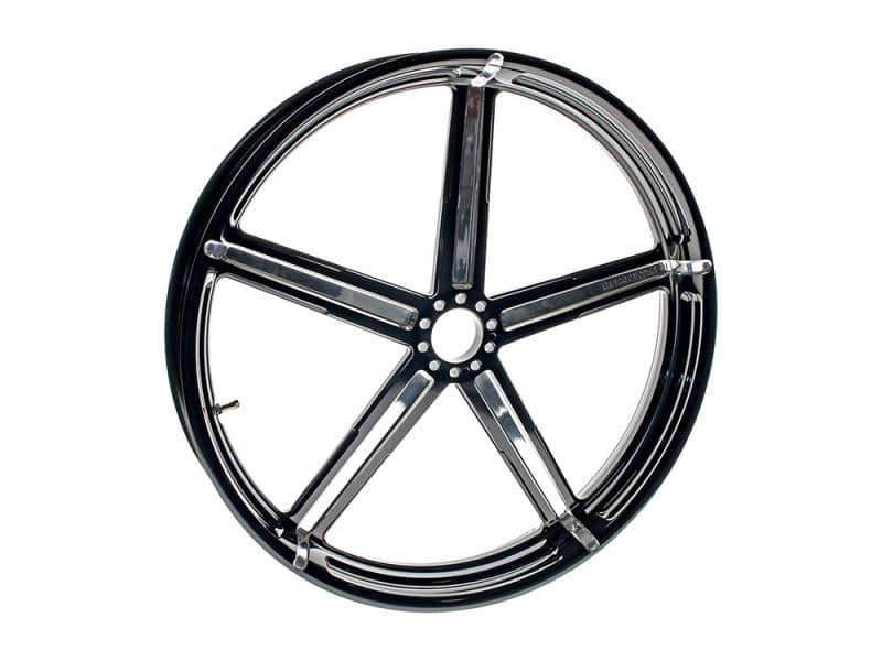 23in. x 3.50in. wide Formula Wheel - Black Contrast Cut Platinum Polished motorcycle wheel for custom Revelry Motorcycles builds.
