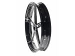 Gloss black and chrome motorcycle wheel, custom design for Revelry Motorcycles Australia.