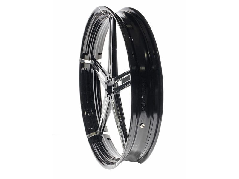 Gloss black and chrome motorcycle wheel, custom design for Revelry Motorcycles Australia.