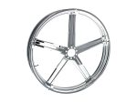 Chrome motorcycle wheel with five spokes, suitable for custom cafe racer bikes.