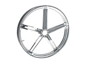 Chrome motorcycle wheel with five spokes, suitable for custom cafe racer bikes.