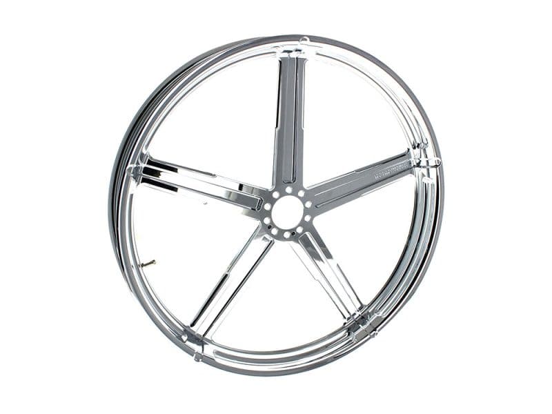 Chrome motorcycle wheel with five spokes, suitable for custom cafe racer bikes.