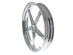 Shiny chrome motorcycle wheel, suitable for custom Rebelry Motorcycles.
