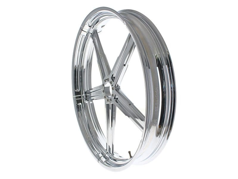 Shiny chrome motorcycle wheel, suitable for custom Rebelry Motorcycles.