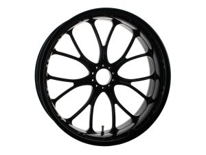Black motorcycle wheel rim with spokes, ideal for custom bike builds and repairs.