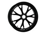 Black motorcycle wheel rim for custom revelry motorcycles, alloy construction, high performance.