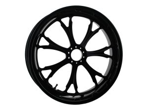 Black motorcycle wheel rim for custom revelry motorcycles, alloy construction, high performance.