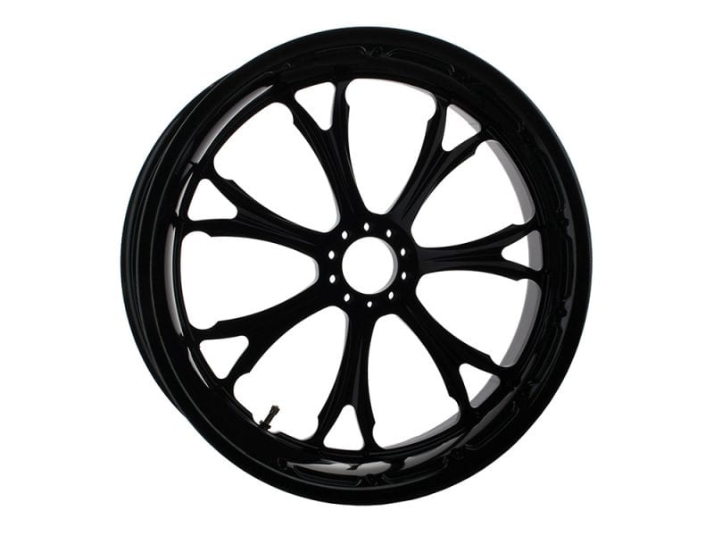 Black motorcycle wheel rim for custom revelry motorcycles, alloy construction, high performance.